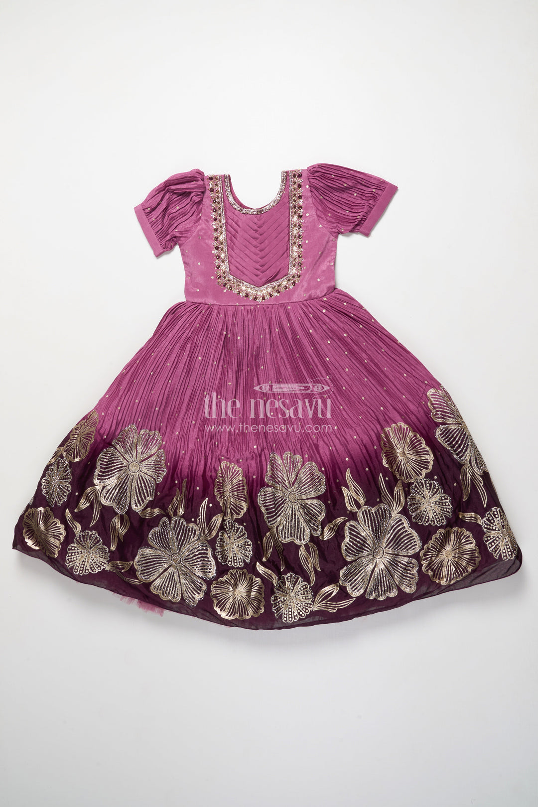 The Nesavu Girls Silk Gown Girls Festive Silk Gown with Floral Designer Yoke Nesavu Nesavu girls festive silk gown designer floral detailing
