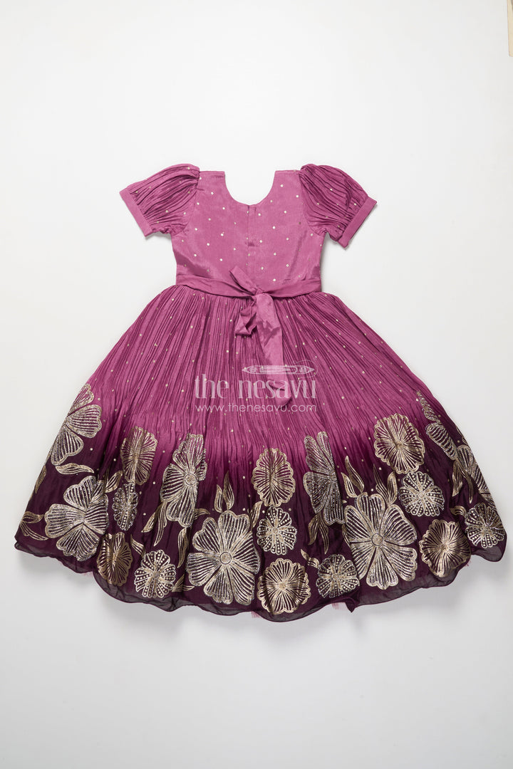 The Nesavu Girls Silk Gown Girls Festive Silk Gown with Floral Designer Yoke Nesavu Nesavu girls festive silk gown designer floral detailing