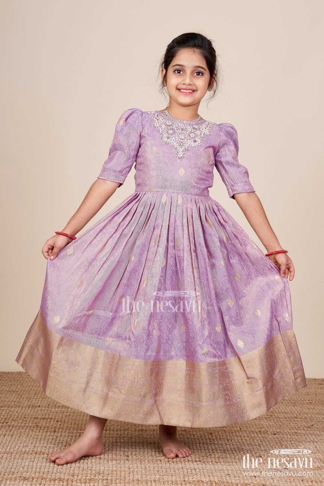 The Nesavu Girls Silk Gown Girls Festive Silk Gown with Zari Border for Grand Celebrations Nesavu 22 (4Y) / Purple GA382A-22 Nesavu girls festive silk gown traditional zari border weddings cultural functions