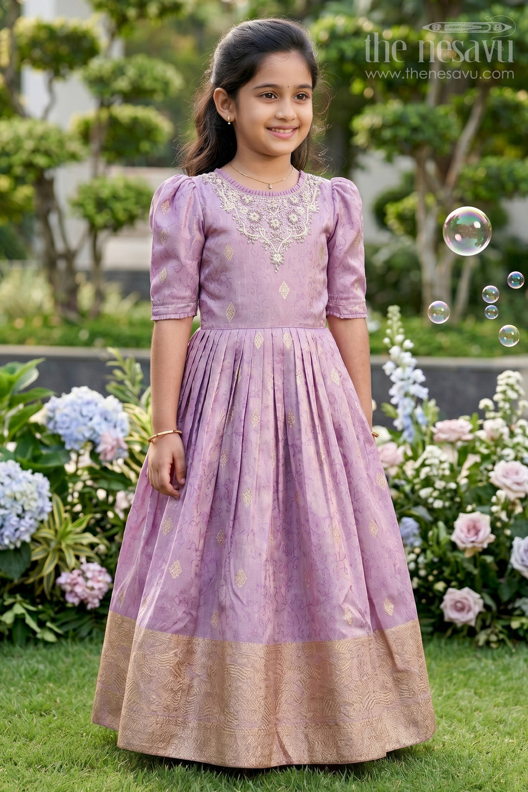 The Nesavu Girls Silk Gown Girls Festive Silk Gown with Zari Border for Grand Celebrations Nesavu 22 (4Y) / Purple GA382A-22 Nesavu girls festive silk gown traditional zari border weddings cultural functions