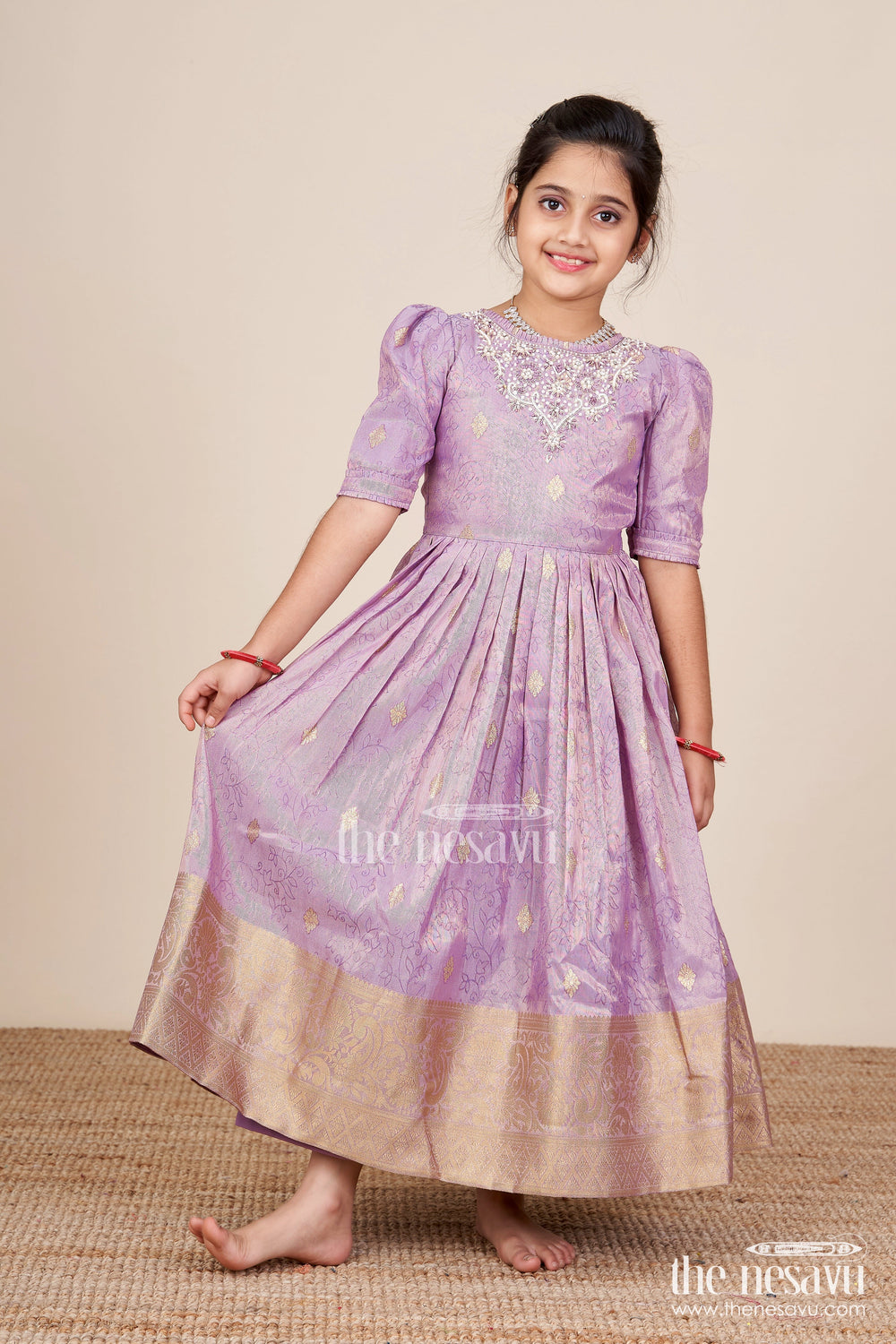 The Nesavu Girls Silk Gown Girls Festive Silk Gown with Zari Border for Grand Celebrations Nesavu Nesavu girls festive silk gown traditional zari border weddings cultural functions