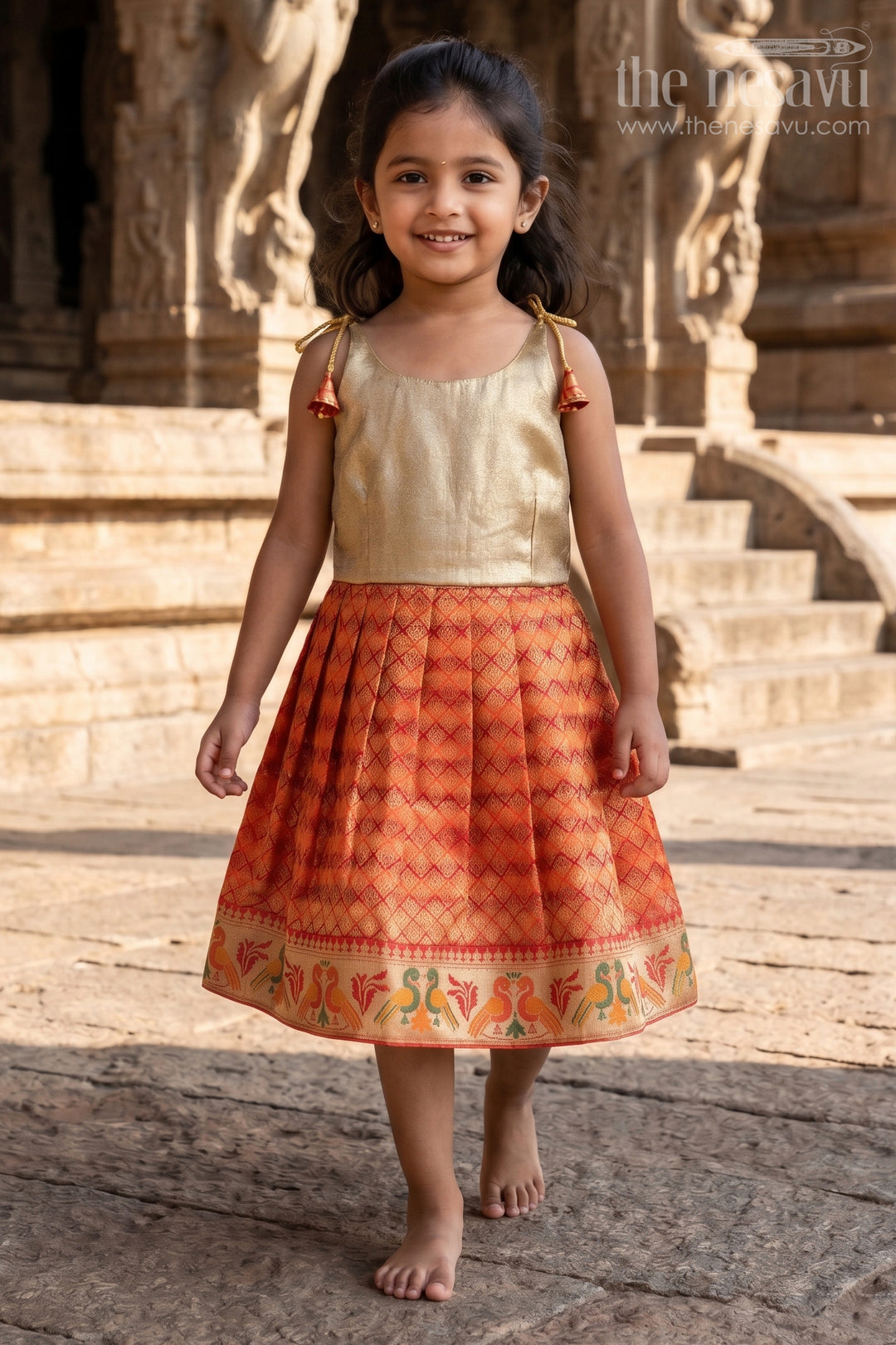 The Nesavu Tie-up Frock Girls Festive Tie up Frock for Weddings and Family Functions Nesavu 20 (3Y) / Gold / Semi Banarasi T430B-20 Nesavu Girls Tie Up Frock With Festive Woven Border Skirt For Weddings And Family Celebrations