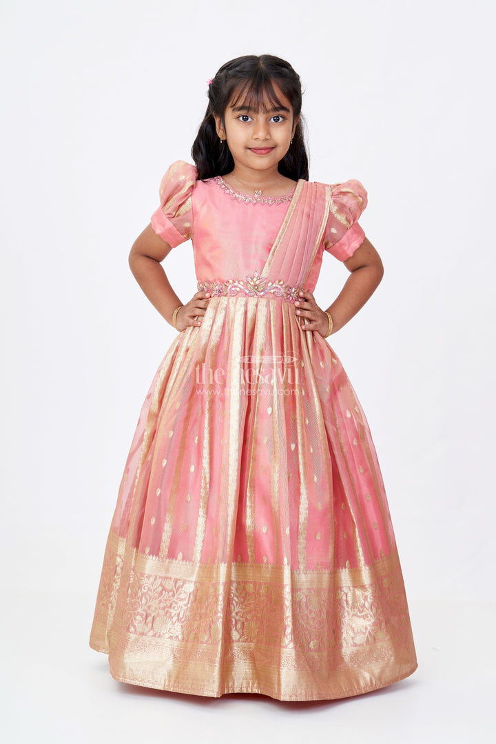 The Nesavu Girls Silk Gown Girls Festive Wear Anarkali with Rich Organza Jacquard and Traditional Gold Zari Borders Nesavu 24 (5Y) / Pink GA300A-24 Girls Festive Wear Anarkali Organza Jacquard Gold Zari Borders | The Nesavu