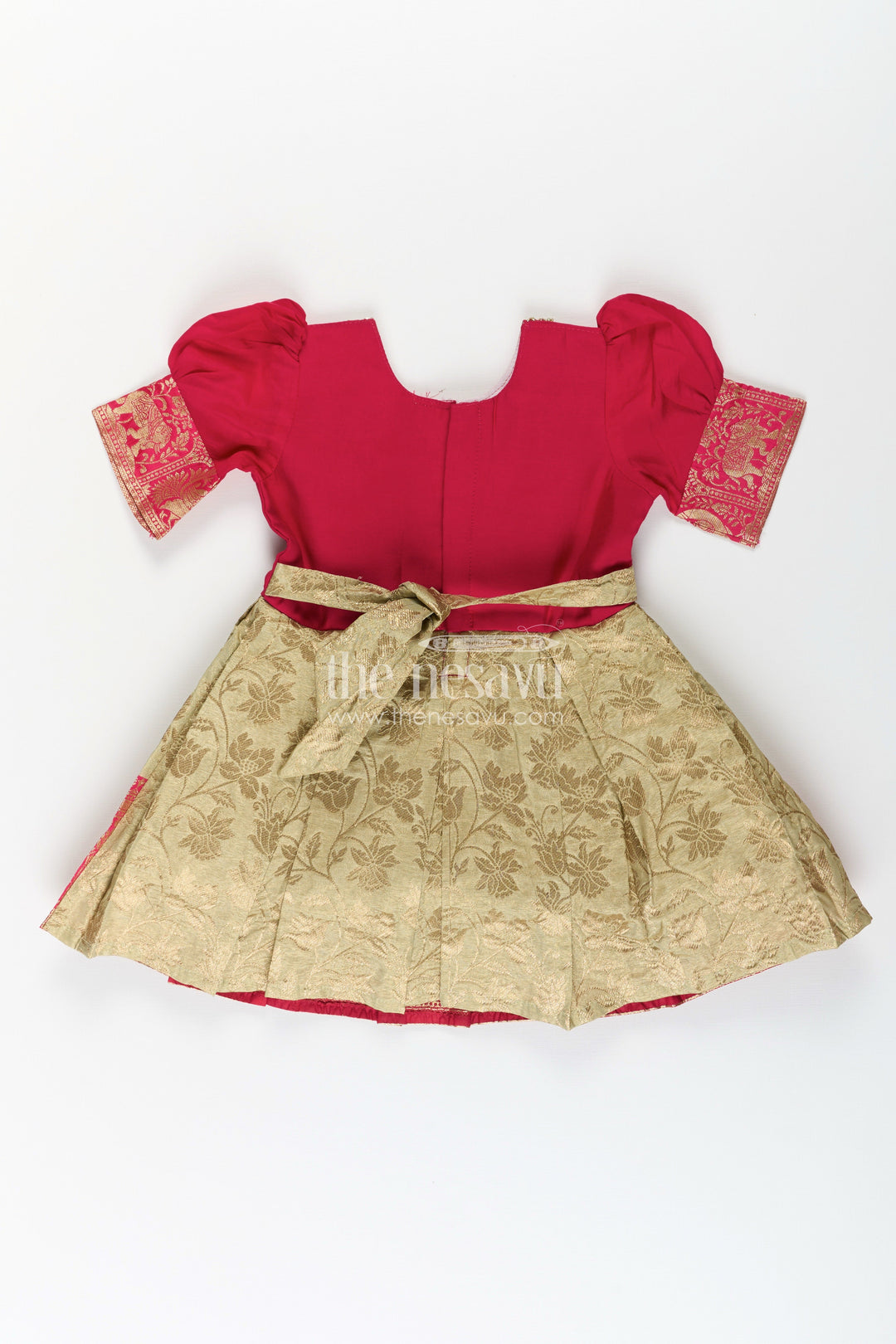 The Nesavu Silk Frock Girls First Birthday Dress in Blended Banarasi Silk with Rich Maroon Bodice and Golden Zari Skirt Nesavu Girls First Birthday Dress Banarasi Silk Embroidered Maroon Top Gold Zari Pleated Skirt | The Nesavu
