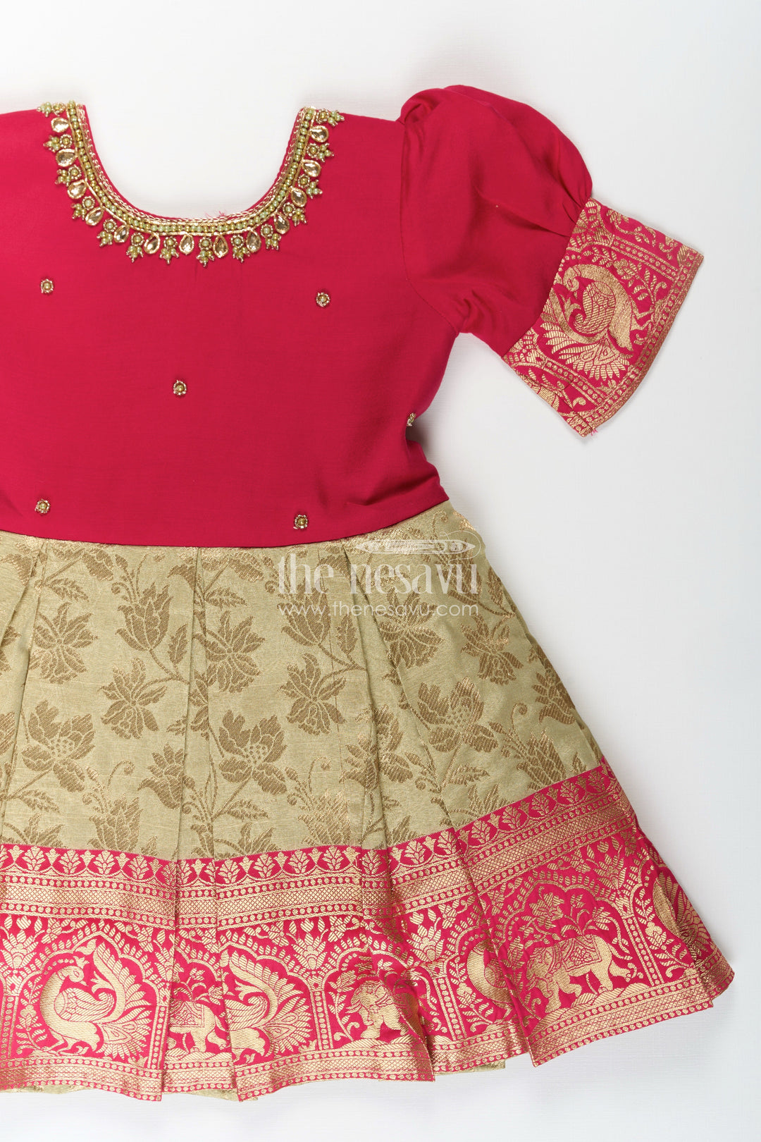 The Nesavu Silk Frock Girls First Birthday Dress in Blended Banarasi Silk with Rich Maroon Bodice and Golden Zari Skirt Nesavu Girls First Birthday Dress Banarasi Silk Embroidered Maroon Top Gold Zari Pleated Skirt | The Nesavu