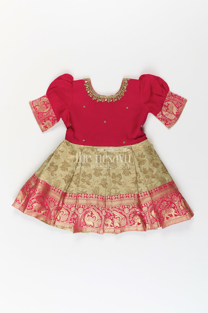 The Nesavu Silk Frock Girls First Birthday Dress in Blended Banarasi Silk with Rich Maroon Bodice and Golden Zari Skirt Nesavu Girls First Birthday Dress Banarasi Silk Embroidered Maroon Top Gold Zari Pleated Skirt | The Nesavu