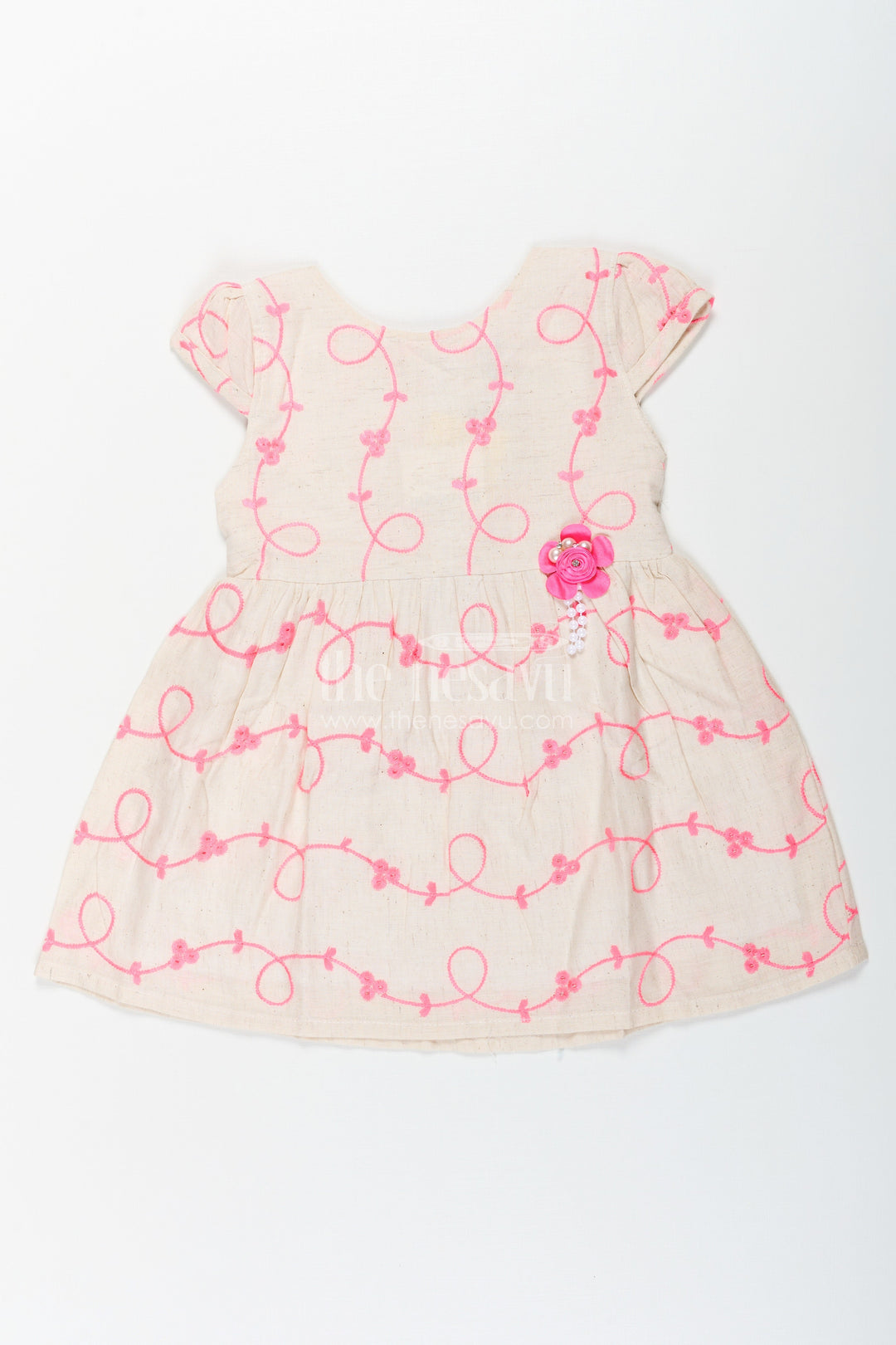 The Nesavu Baby Cotton Frocks Girls Flax Cotton Beautiful Rose Flower Frock with Bright Embroidery and Floral Appliqué Detailing Nesavu 14 (6M) / Pink BFJ755A-14 Girls Flax Cotton Beautiful Rose Flower Frock Pink Embroidery Floral Appliqu Design | The Nesavu
