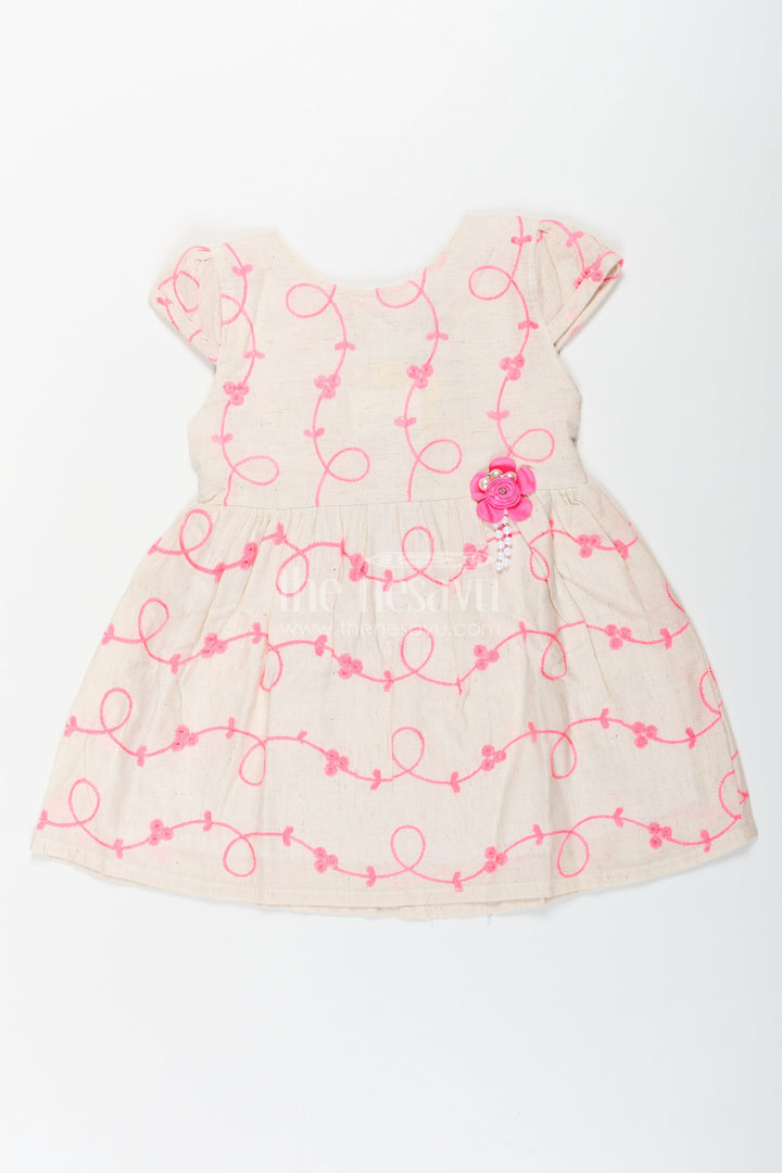 The Nesavu Baby Cotton Frocks Girls Flax Cotton Beautiful Rose Flower Frock with Bright Embroidery and Floral Appliqué Detailing Nesavu 14 (6M) / Pink BFJ755A-14 Girls Flax Cotton Beautiful Rose Flower Frock Pink Embroidery Floral Appliqu Design | The Nesavu