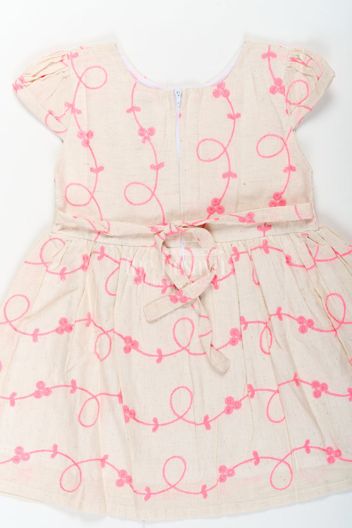 The Nesavu Baby Cotton Frocks Girls Flax Cotton Beautiful Rose Flower Frock with Bright Embroidery and Floral Appliqué Detailing Nesavu Girls Flax Cotton Beautiful Rose Flower Frock Pink Embroidery Floral Appliqu Design | The Nesavu