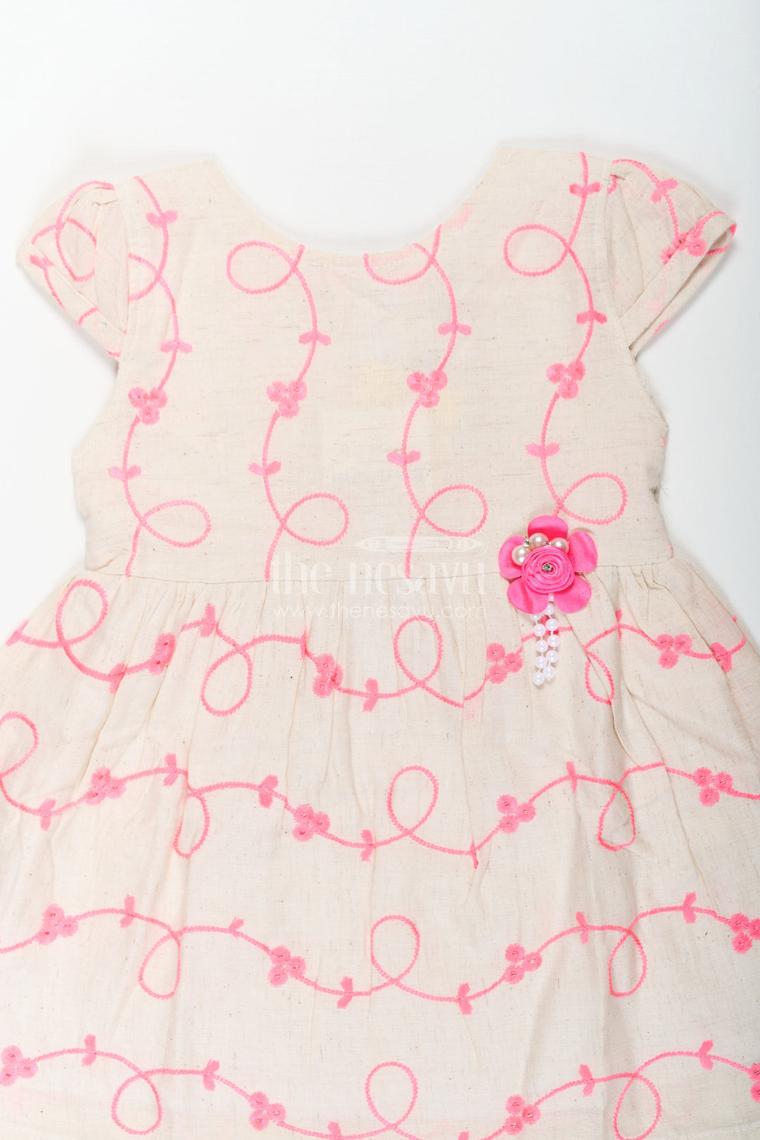 The Nesavu Baby Cotton Frocks Girls Flax Cotton Beautiful Rose Flower Frock with Bright Embroidery and Floral Appliqué Detailing Nesavu Girls Flax Cotton Beautiful Rose Flower Frock Pink Embroidery Floral Appliqu Design | The Nesavu