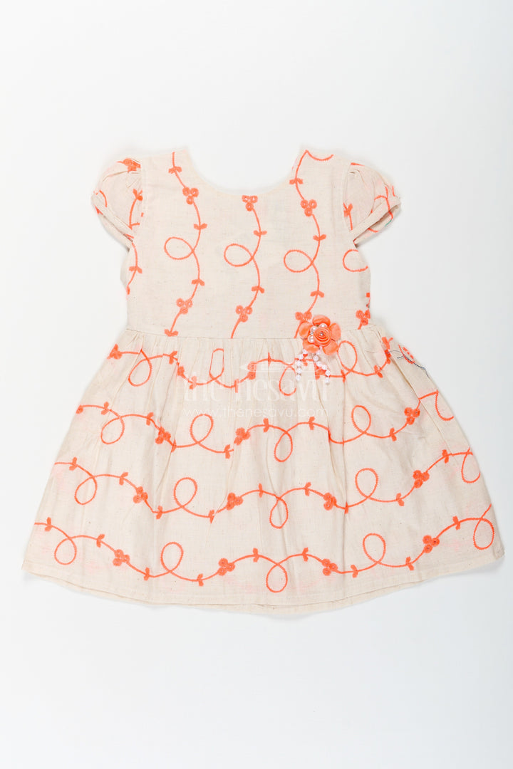 The Nesavu Baby Cotton Frocks Girls Flax Cotton Red Designer Kurta Style Frock with Bright Orange Embroidery and Flower Detail Nesavu 14 (6M) / Orange BFJ755B-14 Girls Red Designer Kurta Style Frock Flax Cotton Orange Embroidery Flower Appliqu | The Nesavu