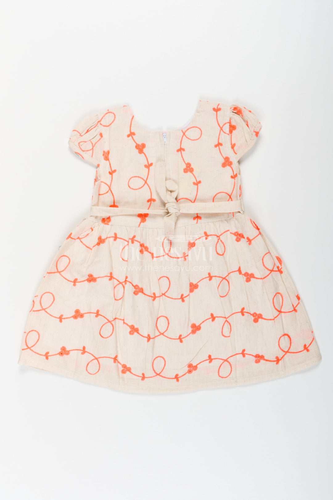 The Nesavu Baby Cotton Frocks Girls Flax Cotton Red Designer Kurta Style Frock with Bright Orange Embroidery and Flower Detail Nesavu Girls Red Designer Kurta Style Frock Flax Cotton Orange Embroidery Flower Appliqu | The Nesavu