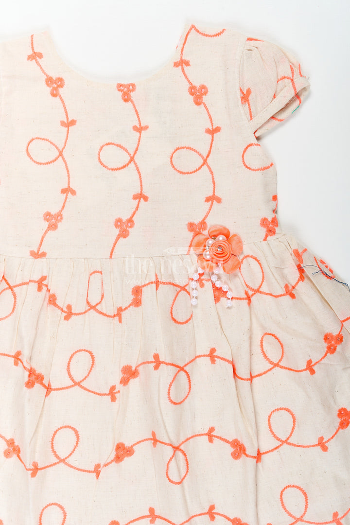 The Nesavu Baby Cotton Frocks Girls Flax Cotton Red Designer Kurta Style Frock with Bright Orange Embroidery and Flower Detail Nesavu Girls Red Designer Kurta Style Frock Flax Cotton Orange Embroidery Flower Appliqu | The Nesavu