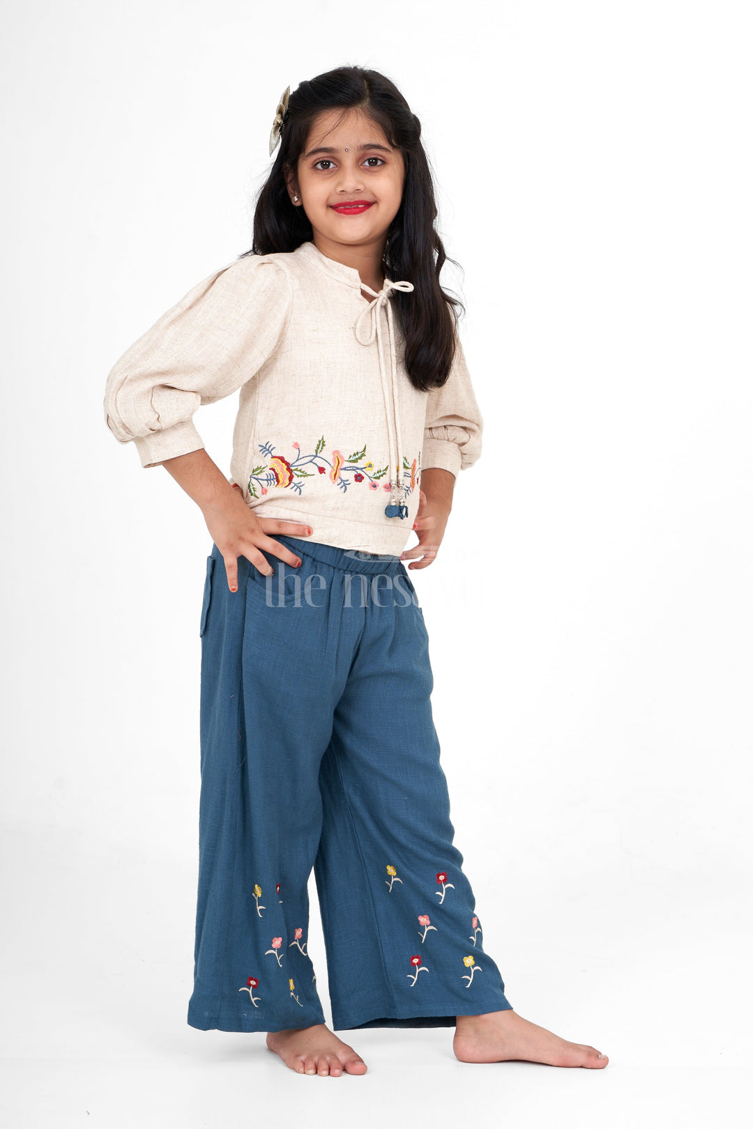 The Nesavu Girls Sharara / Plazo Set Girls Flax Cotton Sharara Set in Beige and Blue with Floral Embroidery for Birthdays and Festive Events Nesavu Nesavu Girls Beige Blue Flax Cotton Sharara Set Floral Embroidery Perfect Festive Occasions Birthdays