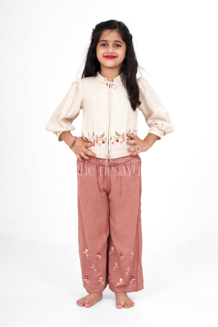 The Nesavu Girls Sharara / Plazo Set Girls Flax Cotton Sharara Set in Beige and Brown with Floral Embroidery for Eid and Family Gatherings Nesavu Nesavu Girls Beige Brown Flax Cotton Sharara Set Floral Embroidery Eid Special Gatherings