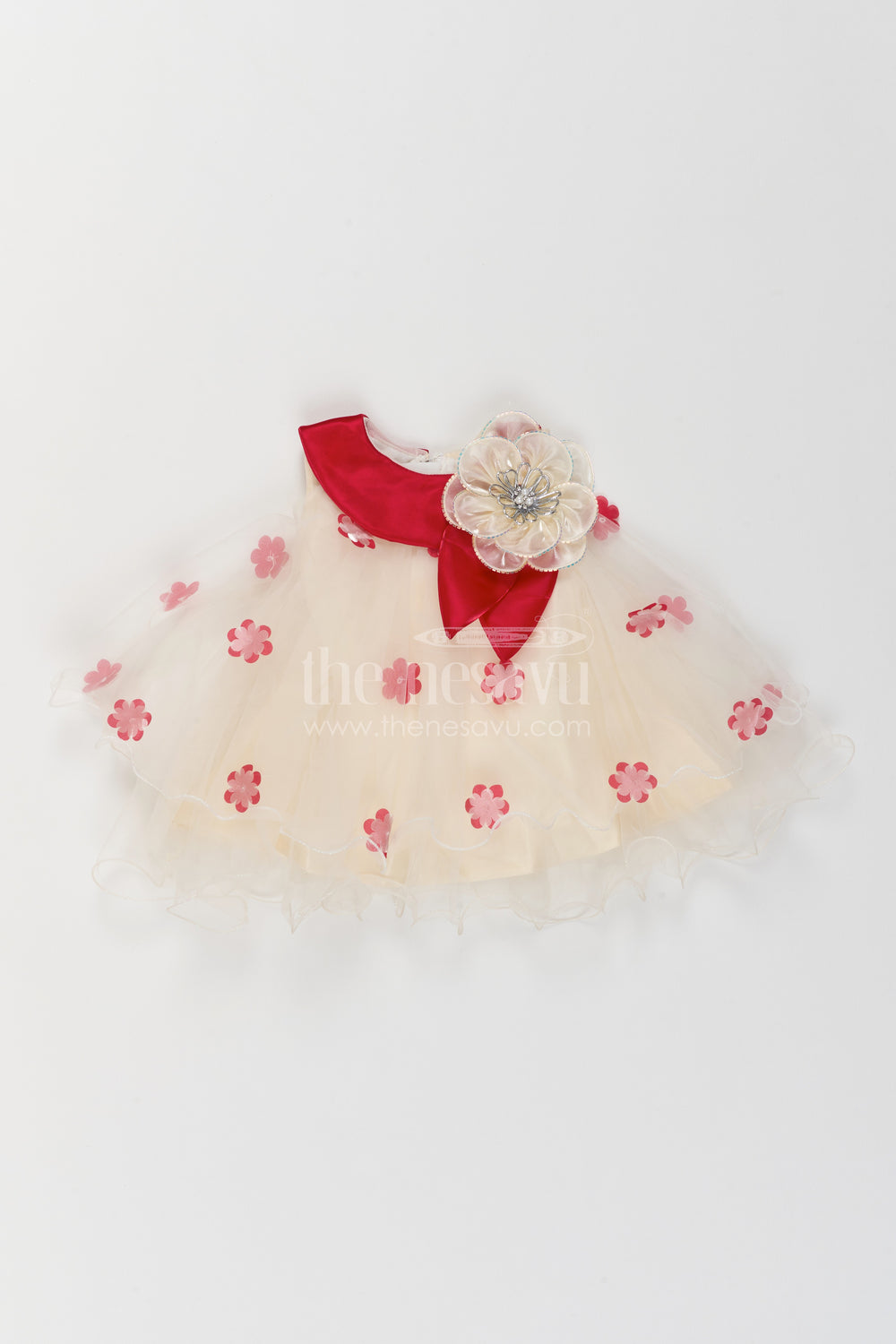 The Nesavu Girls Fancy Party Frock Girls Floral Applique Frock for Birthdays and Garden Party Celebrations Nesavu 16 (1Y) / Red / Net PF328B-16 Nesavu Girls Floral Applique Net Frock For Birthdays Garden Parties Milestone Celebrations And Photoshoots