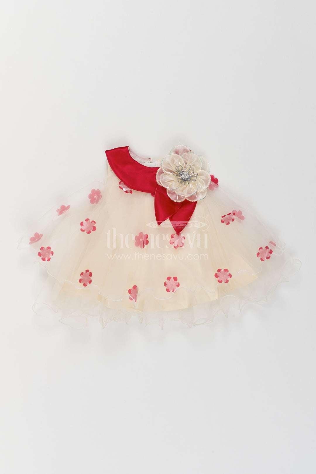The Nesavu Girls Fancy Party Frock Girls Floral Applique Frock for Birthdays and Garden Party Celebrations Nesavu 16 (1Y) / Red / Net PF328B-16 Nesavu Girls Floral Applique Net Frock For Birthdays Garden Parties Milestone Celebrations And Photoshoots
