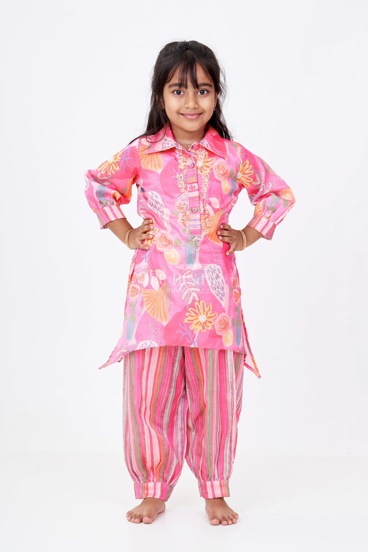 The Nesavu Girls Co-Ord Sets Girls Floral Co-Ord Set with Bright Printed Kurti and Striped Pants in Rani Pink Nesavu 24 (5Y) / Pink GPS552B-24 Girls Floral Co-ord Set Bright Printed Kurti Striped Pants Rani Pink | The Nesavu