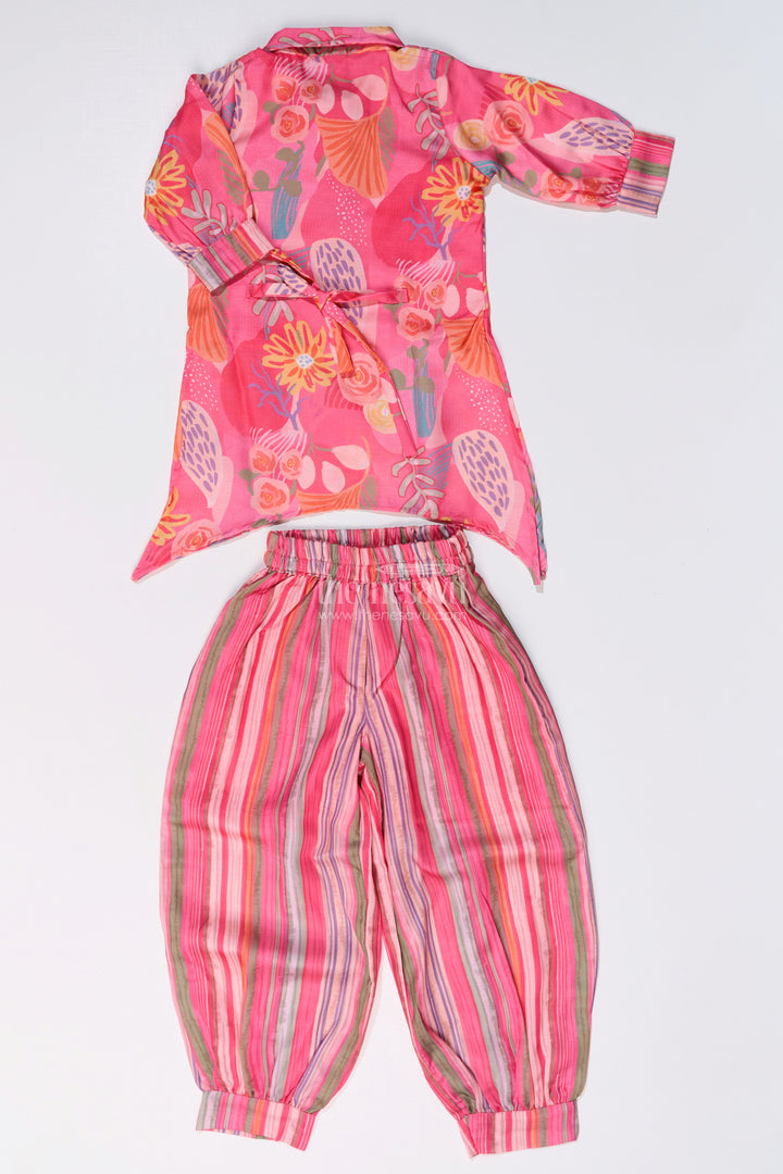 The Nesavu Girls Co-Ord Sets Girls Floral Co-Ord Set with Bright Printed Kurti and Striped Pants in Rani Pink Nesavu Girls Floral Co-ord Set Bright Printed Kurti Striped Pants Rani Pink | The Nesavu