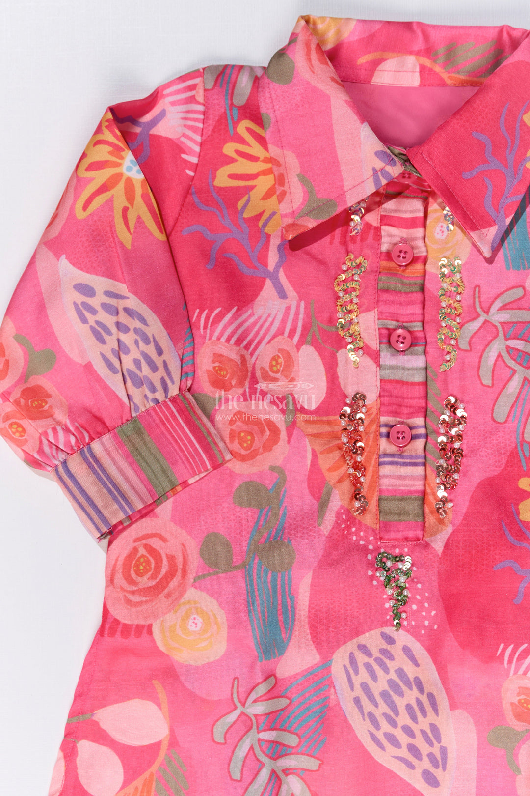 The Nesavu Girls Co-Ord Sets Girls Floral Co-Ord Set with Bright Printed Kurti and Striped Pants in Rani Pink Nesavu Girls Floral Co-ord Set Bright Printed Kurti Striped Pants Rani Pink | The Nesavu