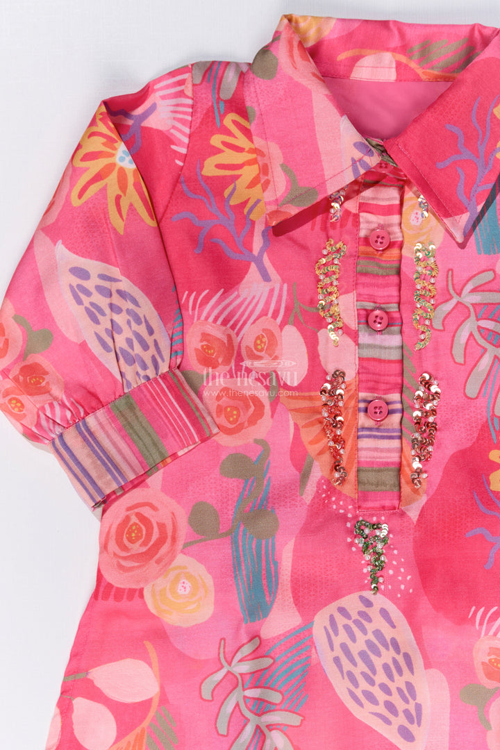 The Nesavu Girls Co-Ord Sets Girls Floral Co-Ord Set with Bright Printed Kurti and Striped Pants in Rani Pink Nesavu Girls Floral Co-ord Set Bright Printed Kurti Striped Pants Rani Pink | The Nesavu