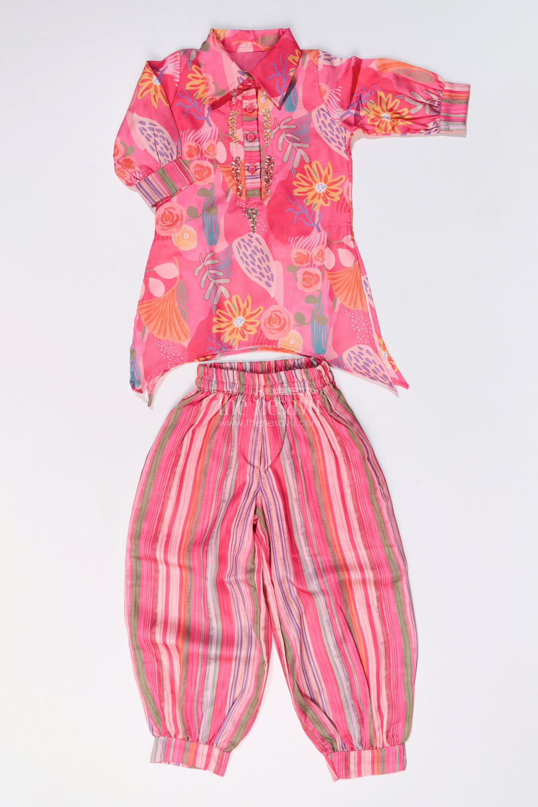 The Nesavu Girls Co-Ord Sets Girls Floral Co-Ord Set with Bright Printed Kurti and Striped Pants in Rani Pink Nesavu Girls Floral Co-ord Set Bright Printed Kurti Striped Pants Rani Pink | The Nesavu