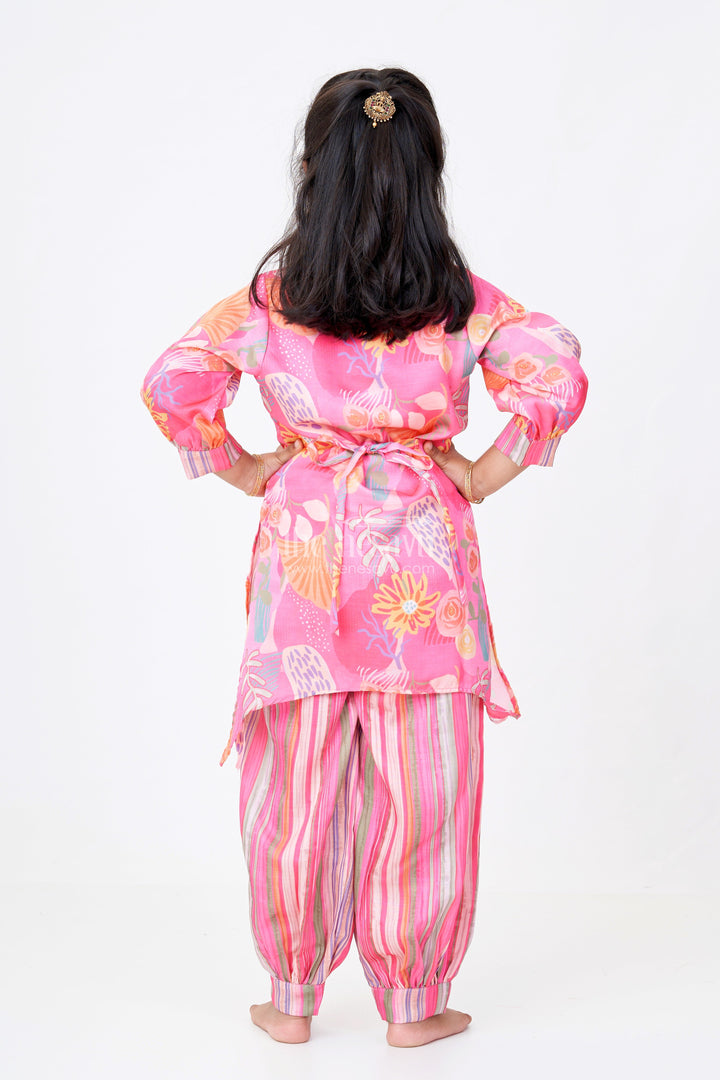 The Nesavu Girls Co-Ord Sets Girls Floral Co-Ord Set with Bright Printed Kurti and Striped Pants in Rani Pink Nesavu Girls Floral Co-ord Set Bright Printed Kurti Striped Pants Rani Pink | The Nesavu