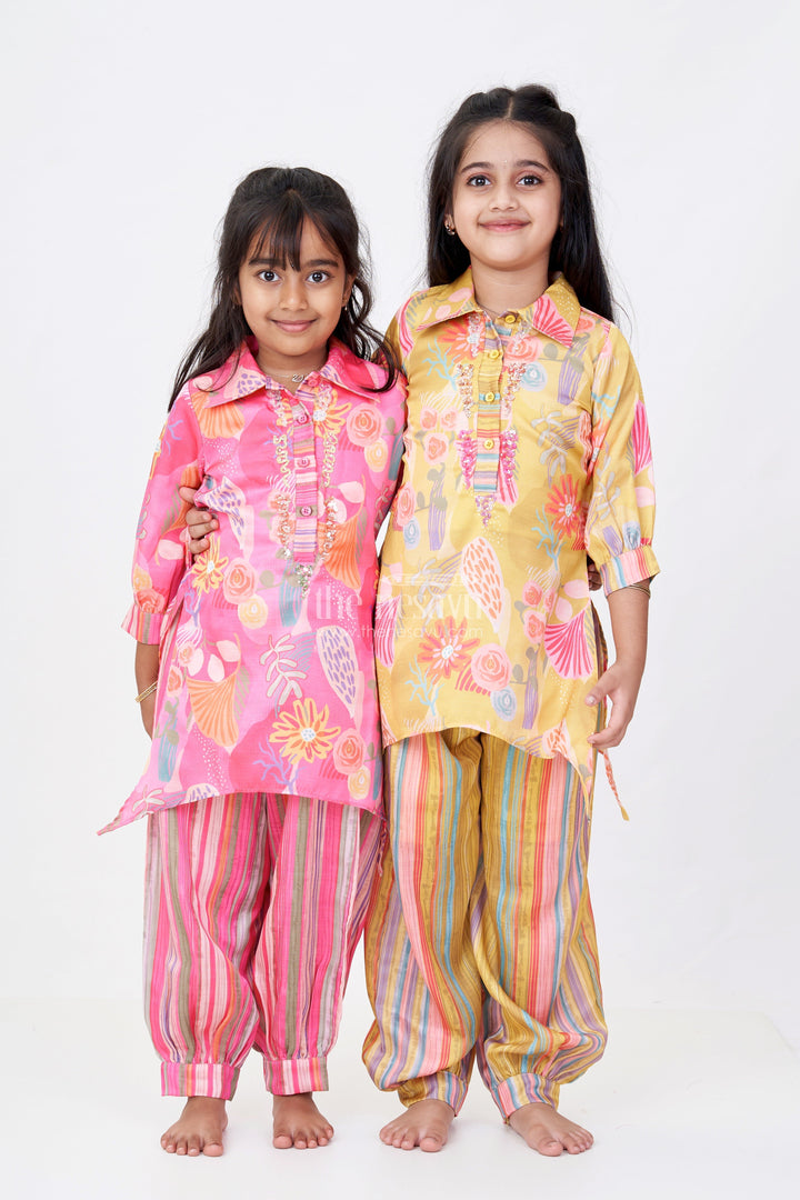 The Nesavu Girls Co-Ord Sets Girls Floral Co-Ord Set with Bright Printed Kurti and Striped Pants in Rani Pink Nesavu Girls Floral Co-ord Set Bright Printed Kurti Striped Pants Rani Pink | The Nesavu