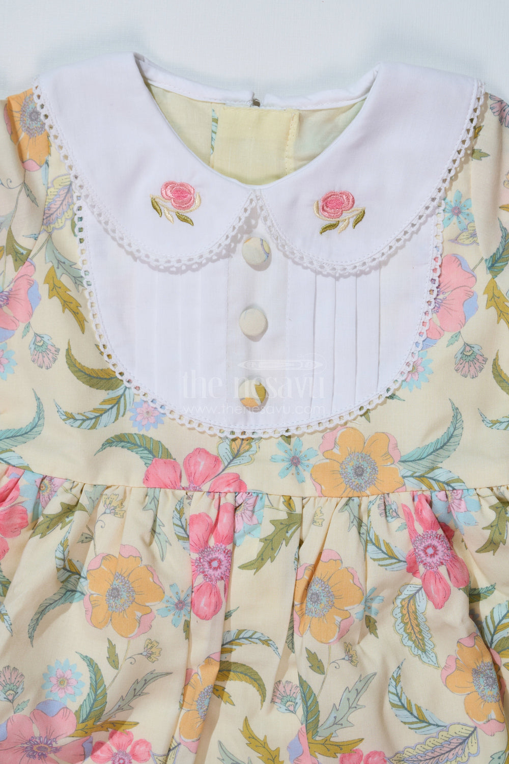 The Nesavu Girls Cotton Frock Girls Floral Collar Frock with Vintage-Inspired Lace Detailing and Pleated Yoke Nesavu Nesavu Girls Floral Collar Frock Lace Detailing Vintage-Inspired Pleated Yoke