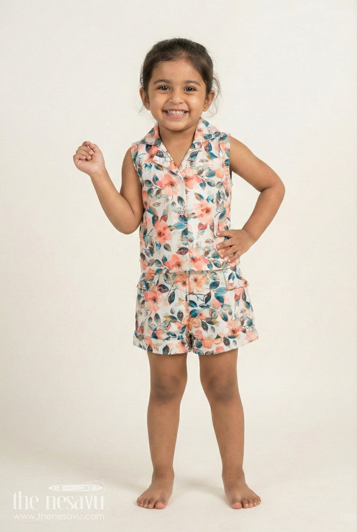 The Nesavu Girls Casual Set Girls Floral Cotton Casual Set for Summer Birthdays and Park Outings Nesavu 20 (3Y) / Multicolor GPS734A-20 Nesavu Girls Floral Cotton Co-Ord Set Summer Top Shorts Outfit Toddlers Kids