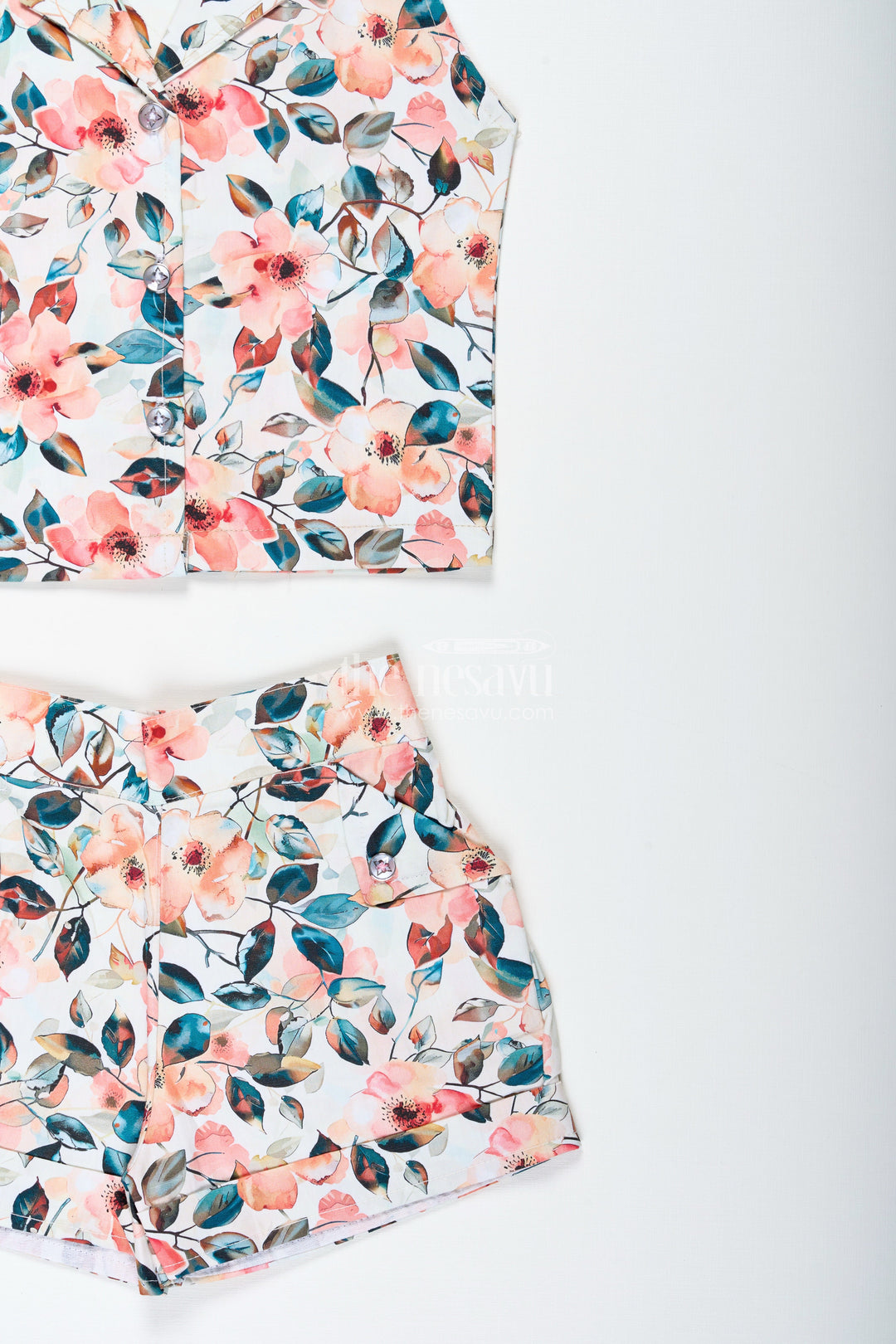 The Nesavu Girls Casual Set Girls Floral Cotton Casual Set for Summer Birthdays and Park Outings Nesavu Nesavu Girls Floral Cotton Co-Ord Set Summer Top Shorts Outfit Toddlers Kids