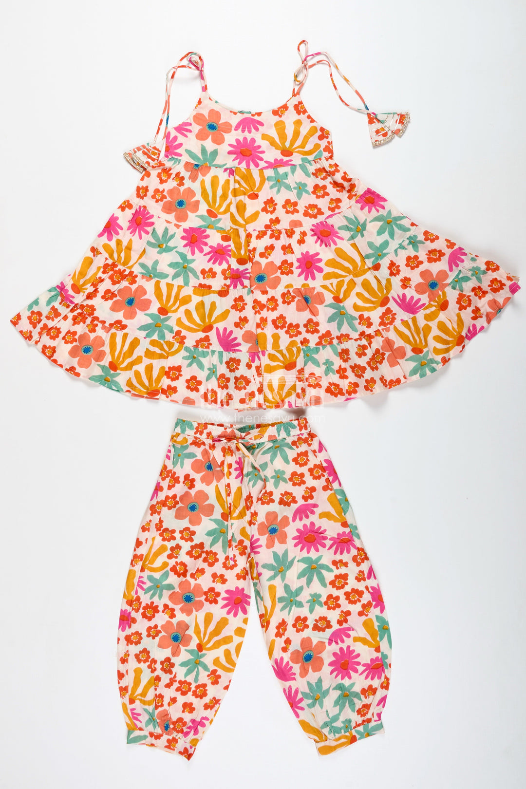 The Nesavu Girls Casual Set Girls Floral Cotton Casual Set with Flared Top and Pants Nesavu 24 (5Y) / Multicolor GPS715A-24 Nesavu Girls Floral Cotton Casual Set Tiered Top Jogger Pants Everyday Ethnic Style