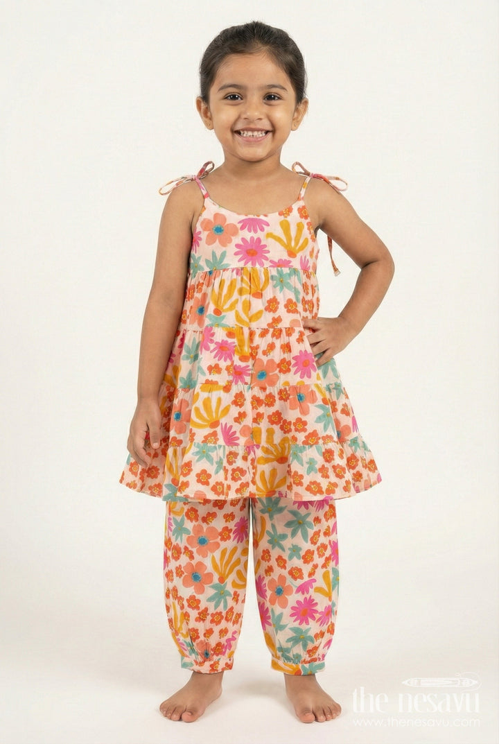 The Nesavu Girls Casual Set Girls Floral Cotton Casual Set with Flared Top and Pants Nesavu 24 (5Y) / Multicolor GPS715A-24 Nesavu Girls Floral Cotton Casual Set Tiered Top Jogger Pants Everyday Ethnic Style