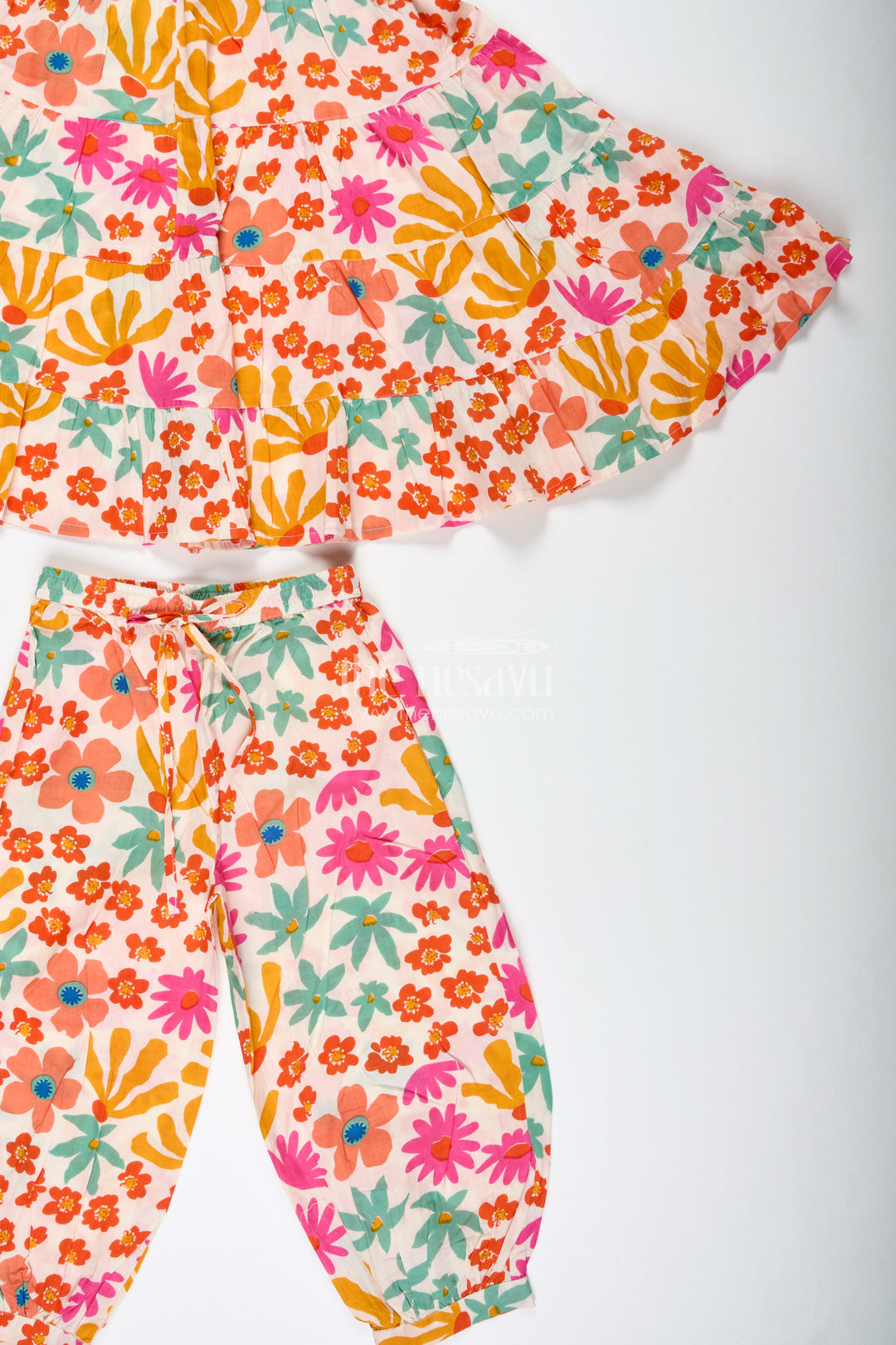 The Nesavu Girls Casual Set Girls Floral Cotton Casual Set with Flared Top and Pants Nesavu Nesavu Girls Floral Cotton Casual Set Tiered Top Jogger Pants Everyday Ethnic Style