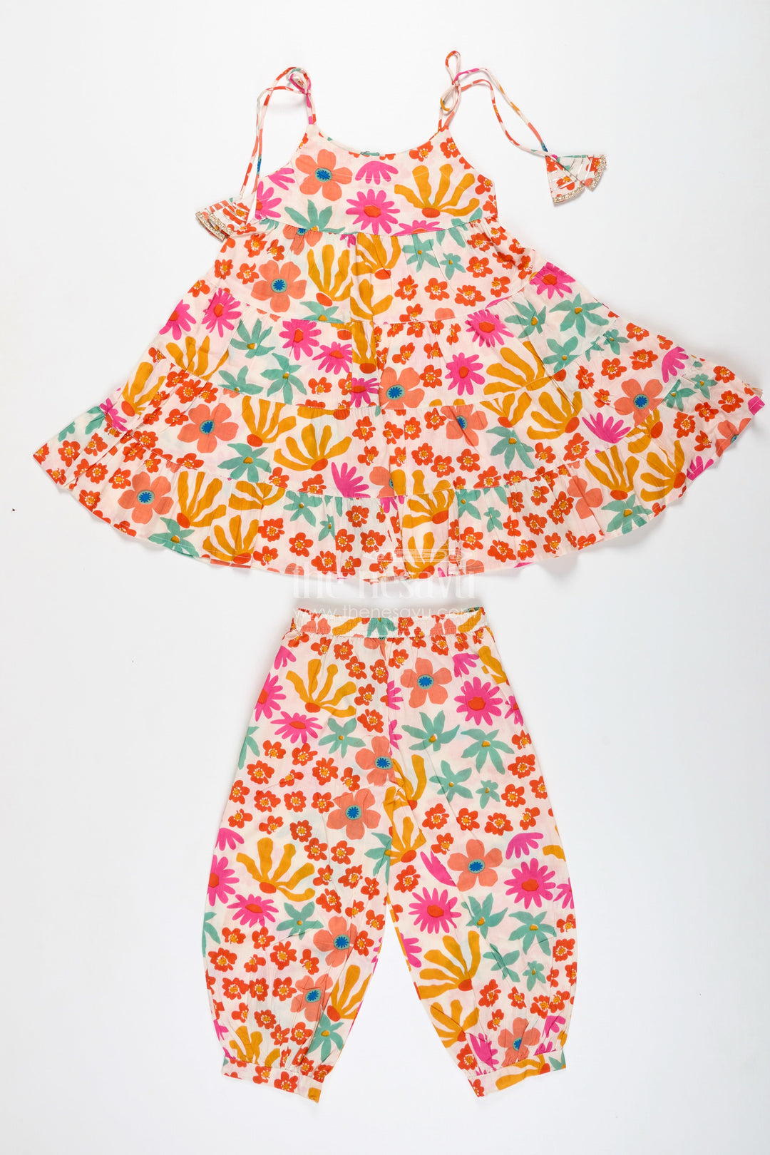 The Nesavu Girls Casual Set Girls Floral Cotton Casual Set with Flared Top and Pants Nesavu Nesavu Girls Floral Cotton Casual Set Tiered Top Jogger Pants Everyday Ethnic Style