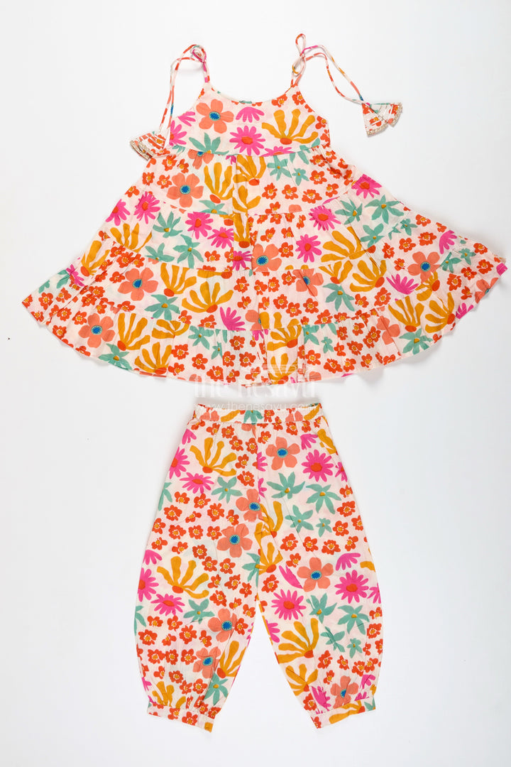The Nesavu Girls Casual Set Girls Floral Cotton Casual Set with Flared Top and Pants Nesavu Nesavu Girls Floral Cotton Casual Set Tiered Top Jogger Pants Everyday Ethnic Style