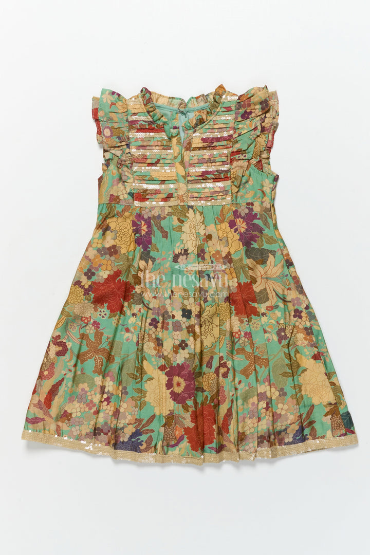 The Nesavu Girls Cotton Frock Girls Floral Cotton Frock for Playdates and Everyday Ethnic Charm Nesavu 22 (4Y) / Green GFC1804B-22 Nesavu girls cotton floral frock digital print  perfect festive playdates casual celebrations