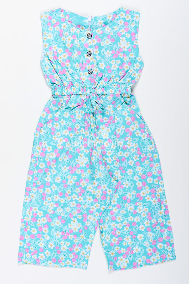 The Nesavu Girls Jumpsuit Girls Floral Cotton Jumpsuit for Casual Outings and Vacation Days Nesavu 20 (3Y) / Blue GFC1896A-20 Nesavu Girls Aqua Floral Cotton Jumpsuit Sleeveless Summer Outfit Matching Headband