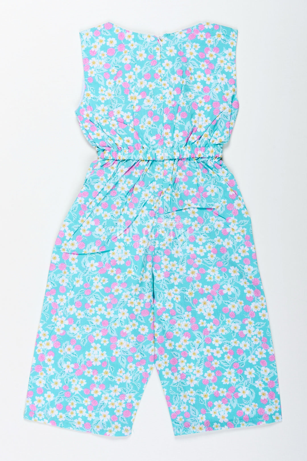 The Nesavu Girls Jumpsuit Girls Floral Cotton Jumpsuit for Casual Outings and Vacation Days Nesavu Nesavu Girls Aqua Floral Cotton Jumpsuit Sleeveless Summer Outfit Matching Headband