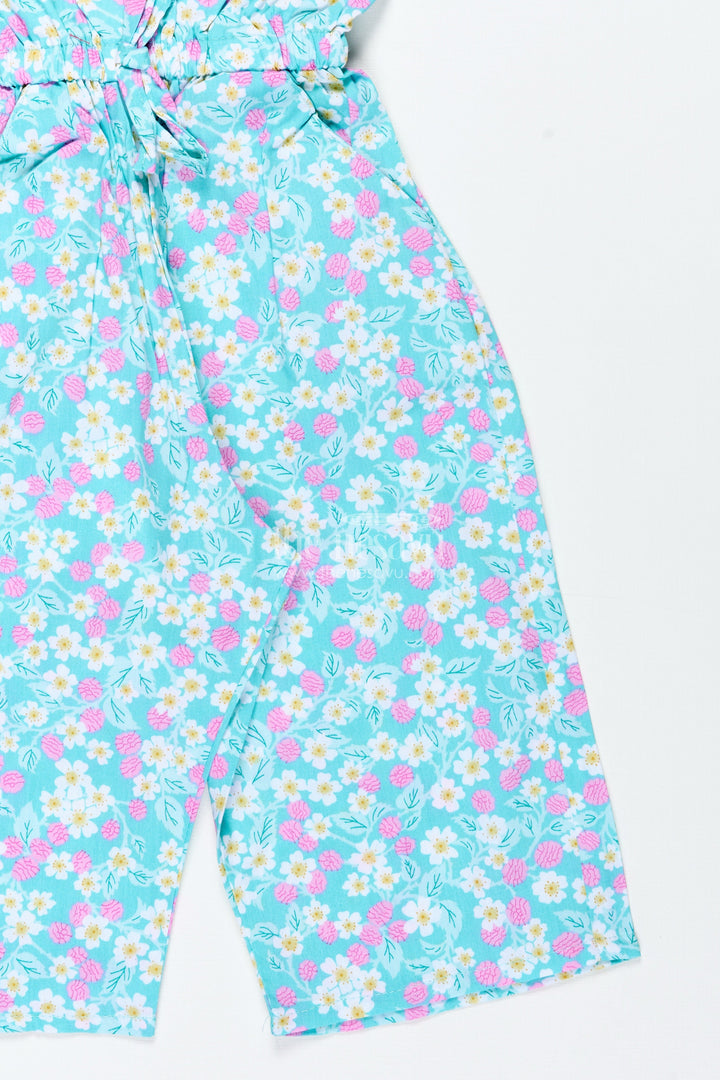 The Nesavu Girls Jumpsuit Girls Floral Cotton Jumpsuit for Casual Outings and Vacation Days Nesavu Nesavu Girls Aqua Floral Cotton Jumpsuit Sleeveless Summer Outfit Matching Headband