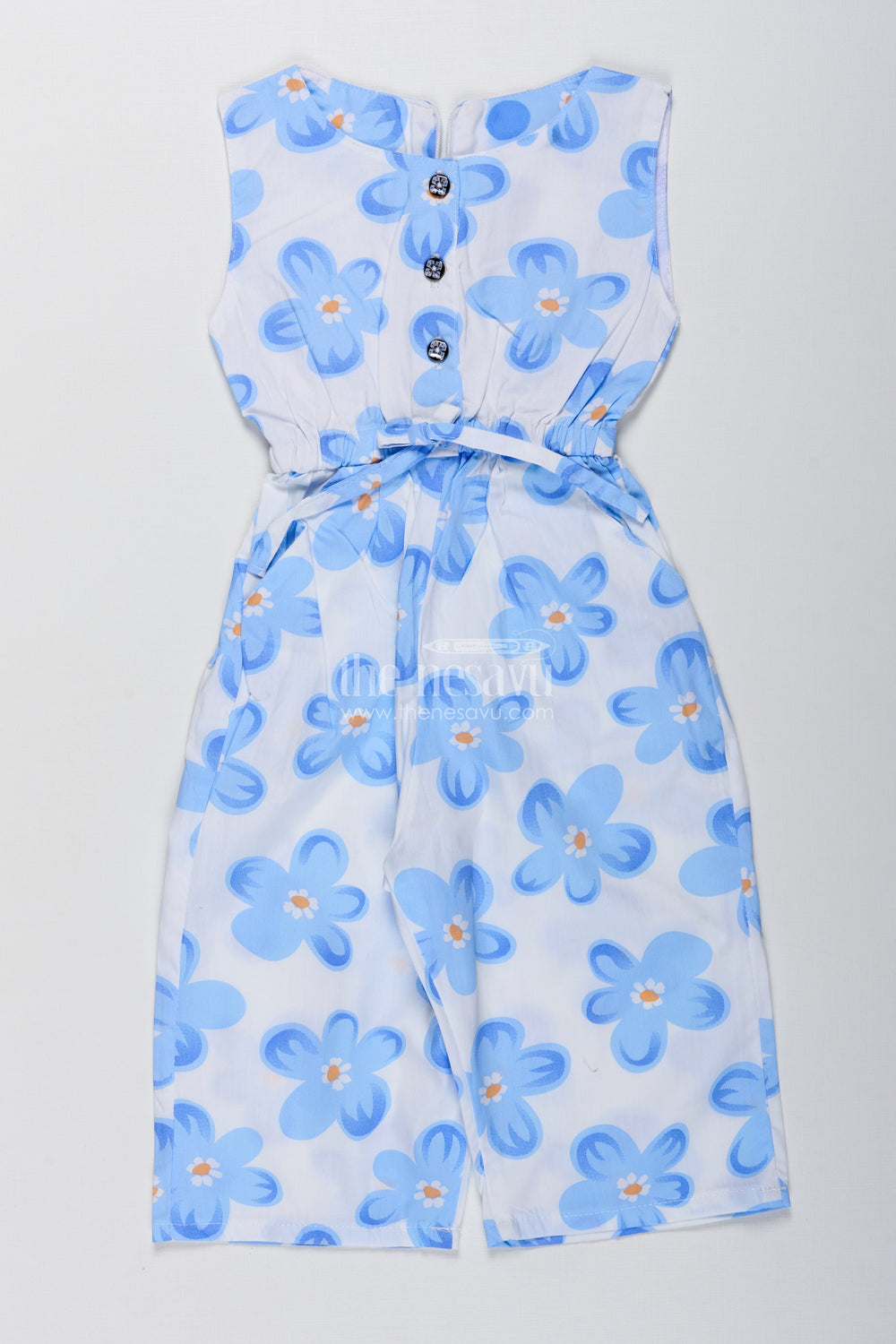The Nesavu Girls Jumpsuit Girls Floral Cotton Jumpsuit for Summer Photoshoots and Outings Nesavu 20 (3Y) / Blue GFC1899A-20 Nesavu Girls Blue Floral Cotton Jumpsuit Sleeveless Summer Outfit Bold Prints Headband