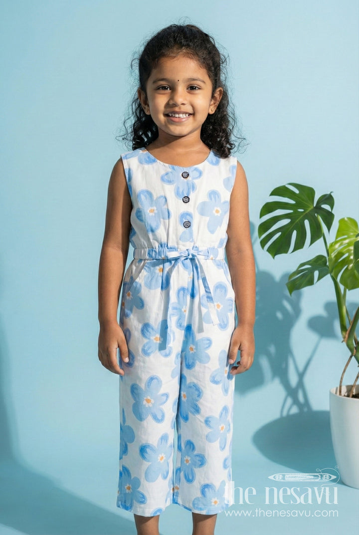 The Nesavu Girls Jumpsuit Girls Floral Cotton Jumpsuit for Summer Photoshoots and Outings Nesavu 20 (3Y) / Blue GFC1899A-20 Nesavu Girls Blue Floral Cotton Jumpsuit Sleeveless Summer Outfit Bold Prints Headband