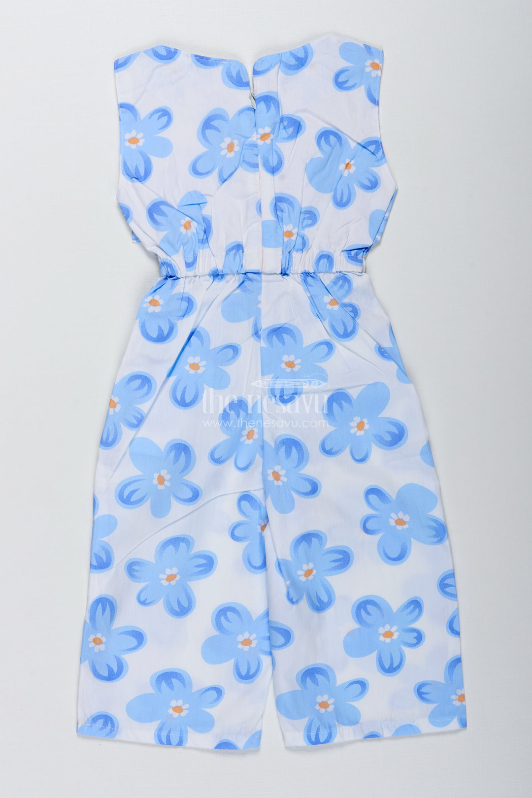 The Nesavu Girls Jumpsuit Girls Floral Cotton Jumpsuit for Summer Photoshoots and Outings Nesavu Nesavu Girls Blue Floral Cotton Jumpsuit Sleeveless Summer Outfit Bold Prints Headband