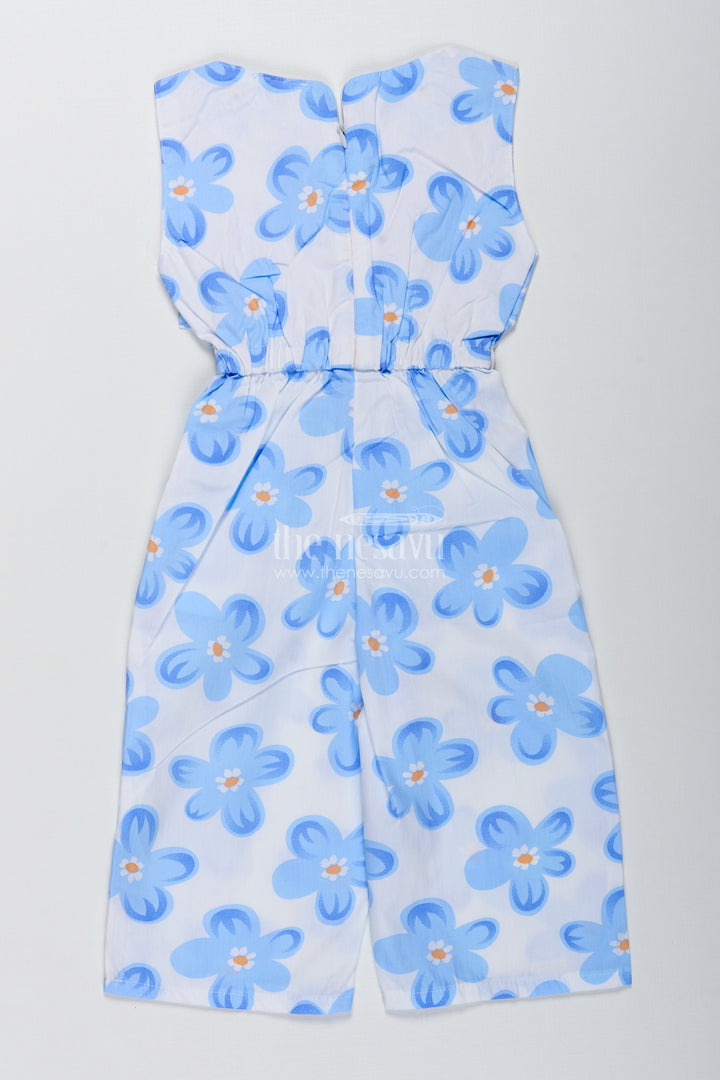 The Nesavu Girls Jumpsuit Girls Floral Cotton Jumpsuit for Summer Photoshoots and Outings Nesavu Nesavu Girls Blue Floral Cotton Jumpsuit Sleeveless Summer Outfit Bold Prints Headband