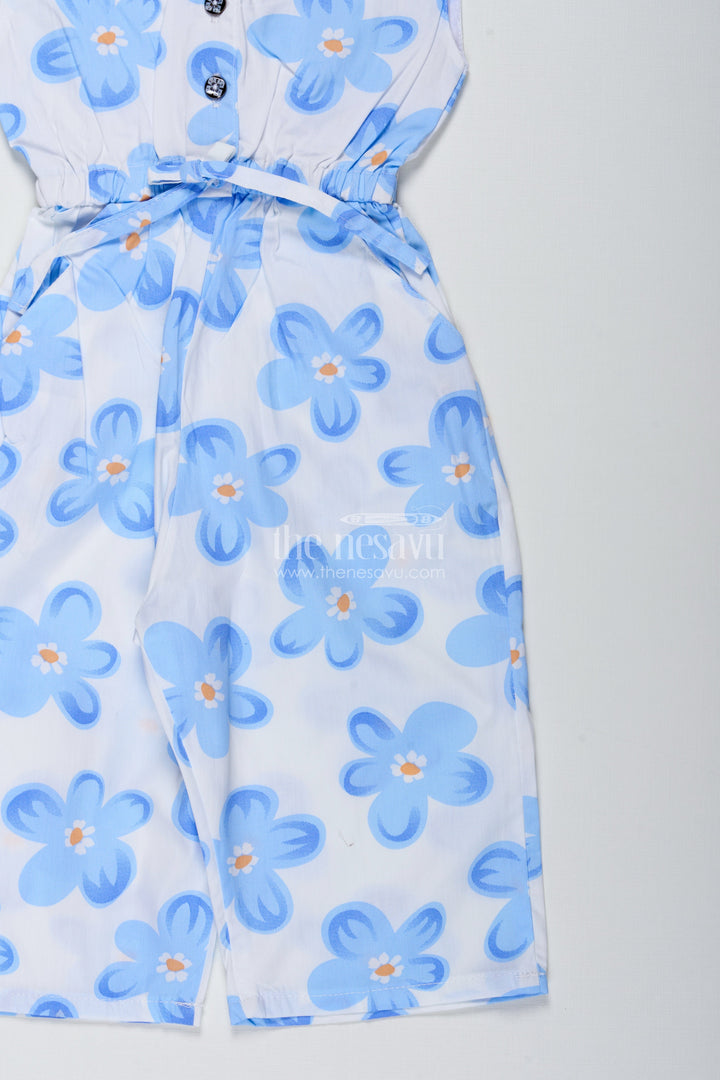 The Nesavu Girls Jumpsuit Girls Floral Cotton Jumpsuit for Summer Photoshoots and Outings Nesavu Nesavu Girls Blue Floral Cotton Jumpsuit Sleeveless Summer Outfit Bold Prints Headband
