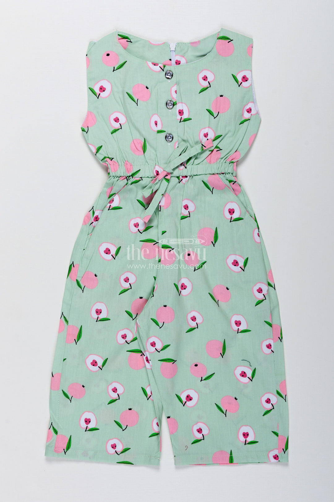 The Nesavu Girls Jumpsuit Girls Floral Cotton Jumpsuit for Summer Playdates and Casual Outings Nesavu 20 (3Y) / Green GFC1902A-20 Nesavu Girls Floral Cotton Jumpsuit Light Green Sleeveless Summer Wear Headband
