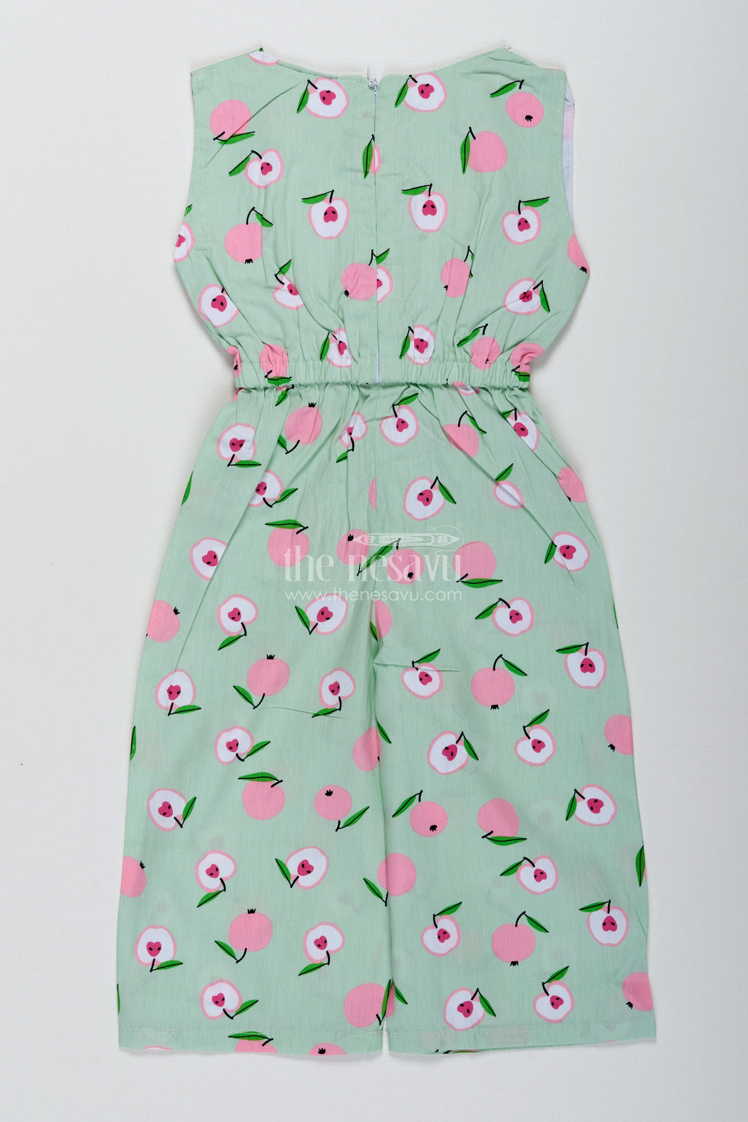 The Nesavu Girls Jumpsuit Girls Floral Cotton Jumpsuit for Summer Playdates and Casual Outings Nesavu Nesavu Girls Floral Cotton Jumpsuit Light Green Sleeveless Summer Wear Headband
