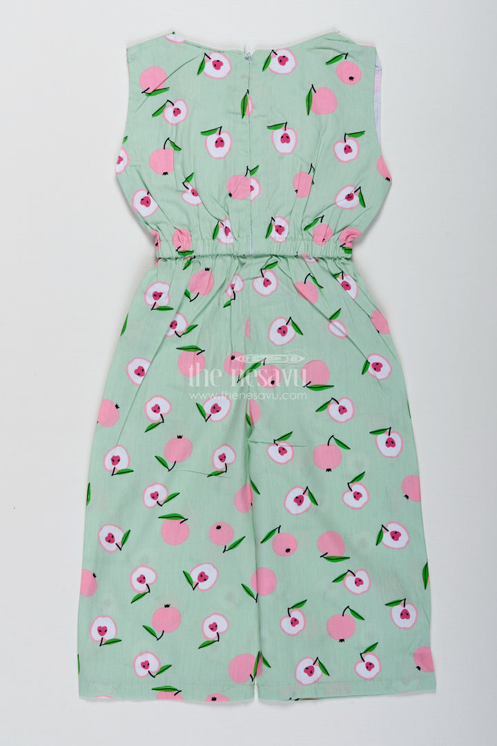 The Nesavu Girls Jumpsuit Girls Floral Cotton Jumpsuit for Summer Playdates and Casual Outings Nesavu Nesavu Girls Floral Cotton Jumpsuit Light Green Sleeveless Summer Wear Headband
