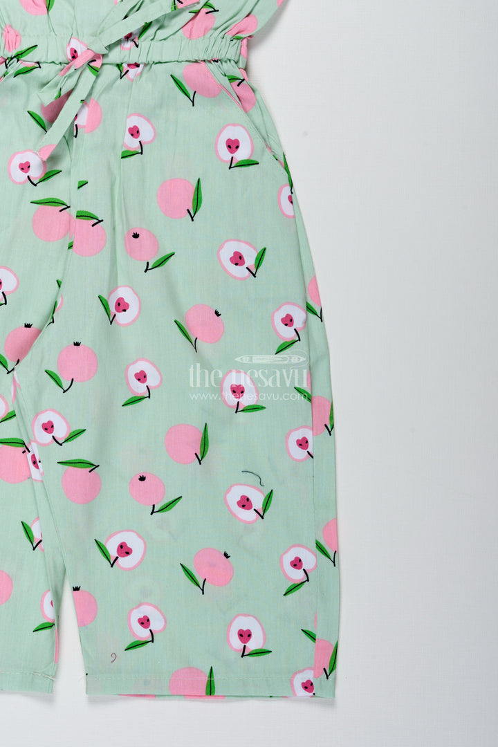 The Nesavu Girls Jumpsuit Girls Floral Cotton Jumpsuit for Summer Playdates and Casual Outings Nesavu Nesavu Girls Floral Cotton Jumpsuit Light Green Sleeveless Summer Wear Headband