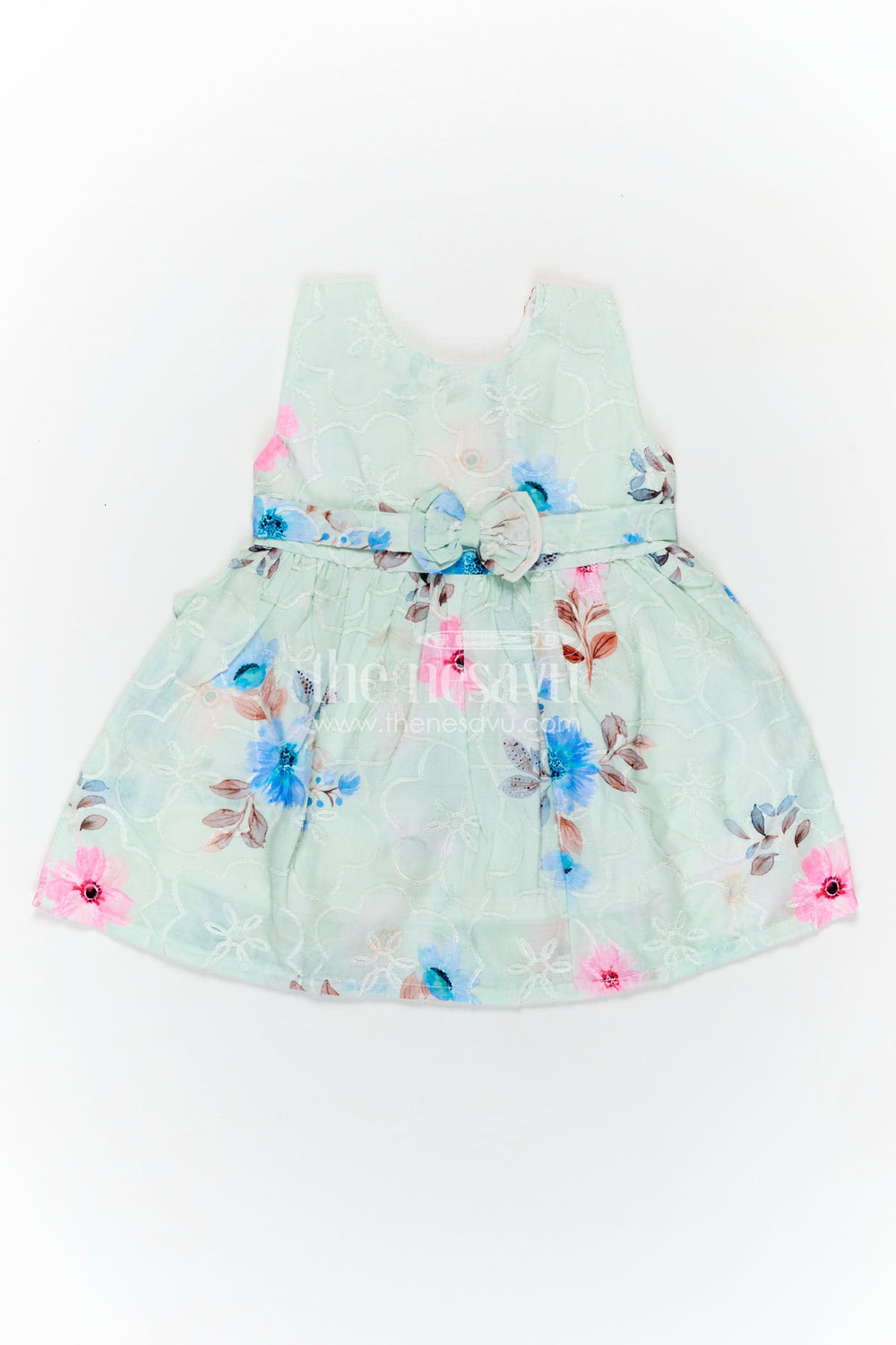 The Nesavu Baby Cotton Frocks Girls Floral Dress with Bow and Digital Printed Blooms in Soft Cotton for Toddlers and Young Kids Nesavu 14 (6M) / Green BFJ809B-14 Nesavu Cotton Girls Floral Dress Bow Digital Printed Pastel Flowers Toddlers